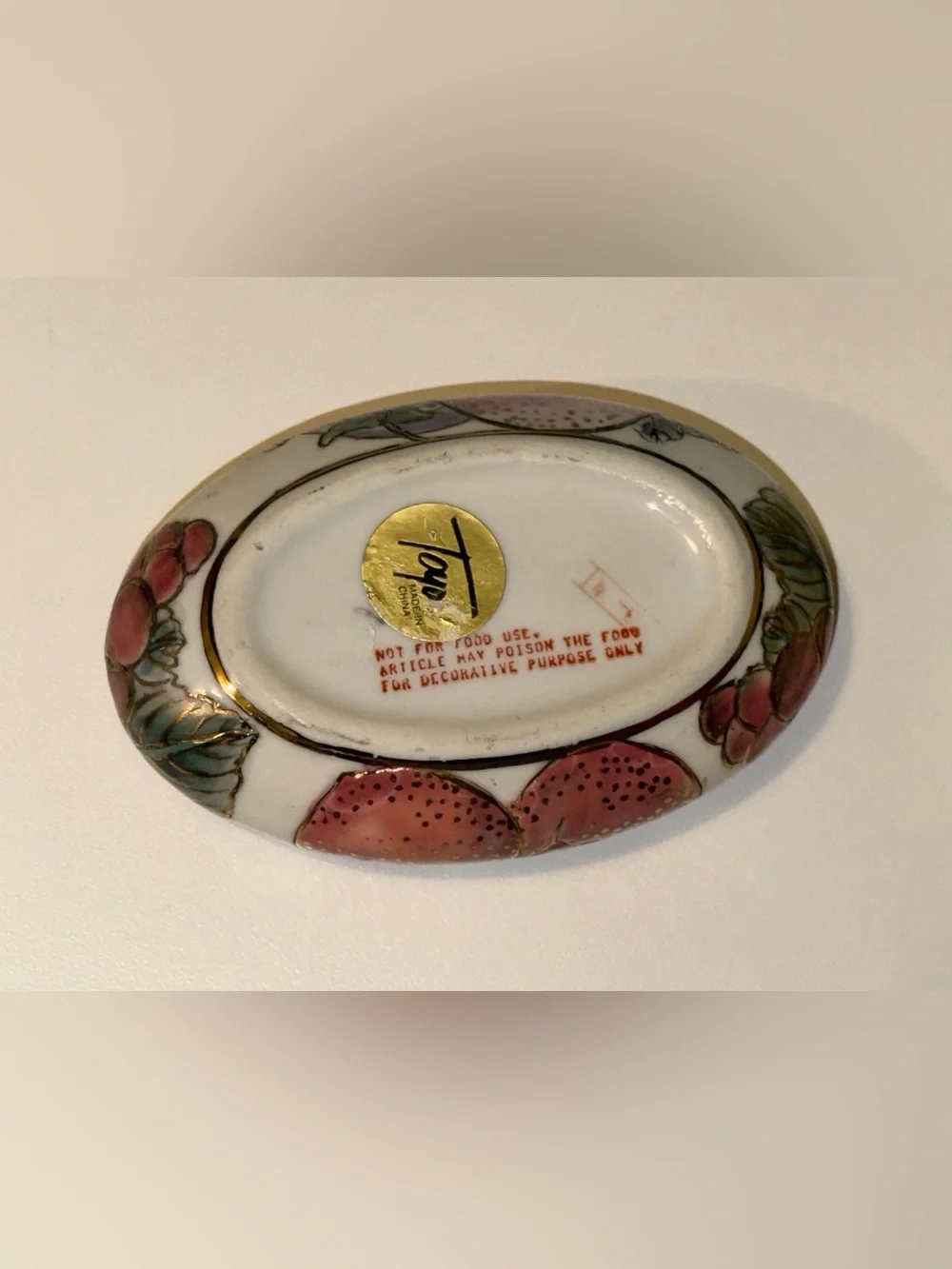 Vtg Toyo China Oval Porcelain Box Enamel Peaches & Fruit Motif Dish w/ gold trim